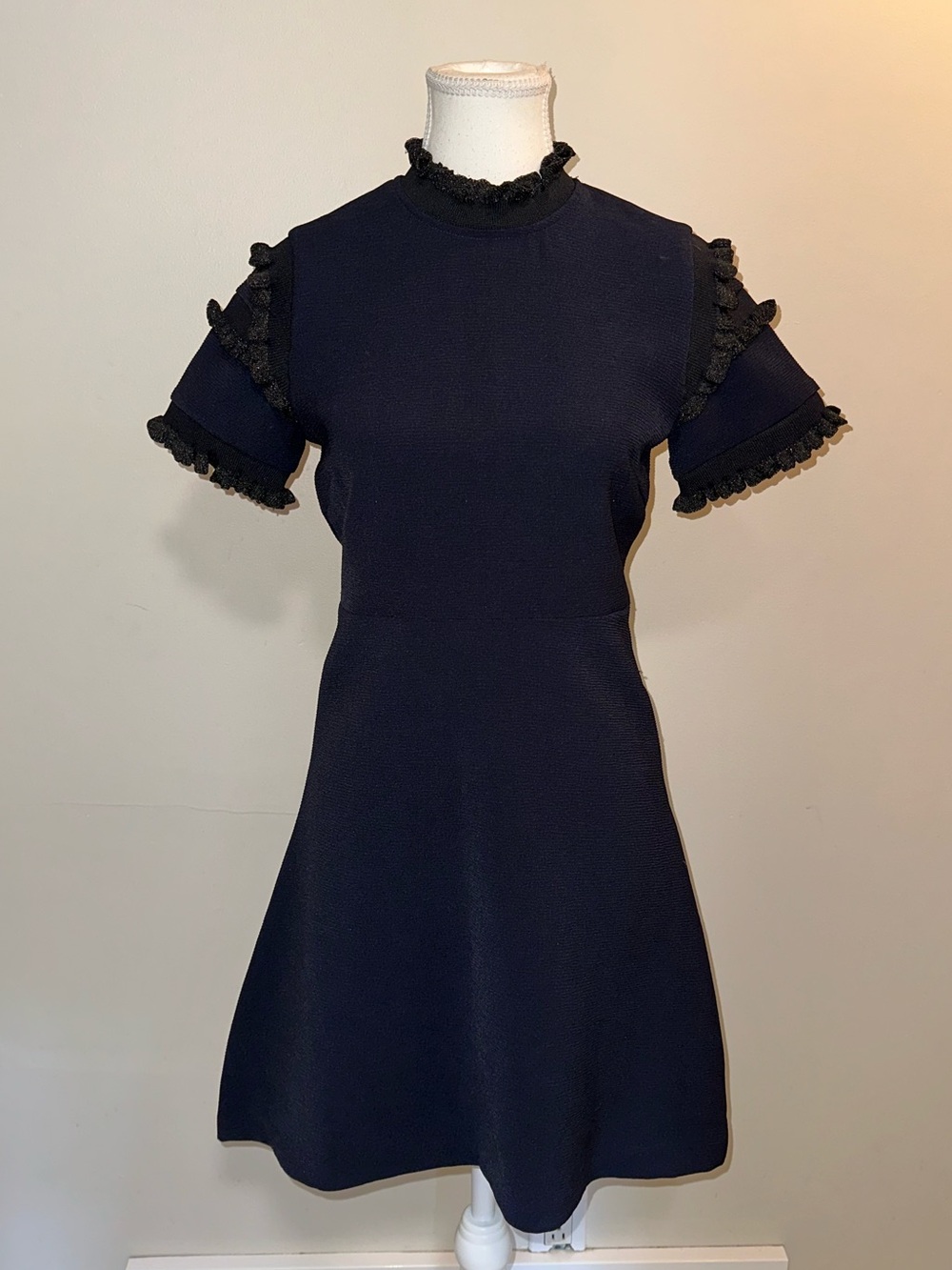 Sandro Navy Short-Sleeve Mini Dress with Lace Trim